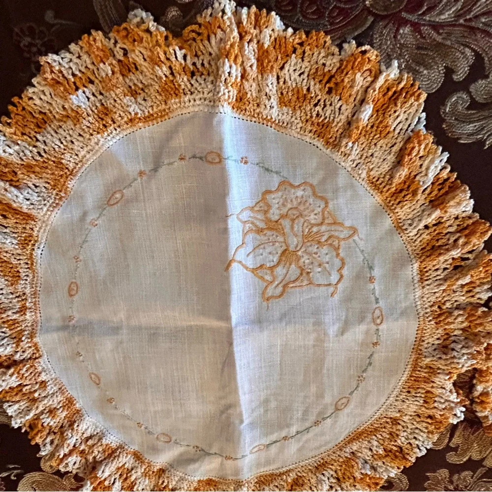 Vintage‎ Orange & White Crochet Circle Doilies 2PC Set